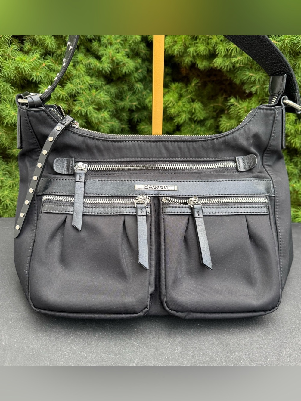 Brighton Vintage Austin City Lights Black Nylon & Leather Studded Shoulder Bag